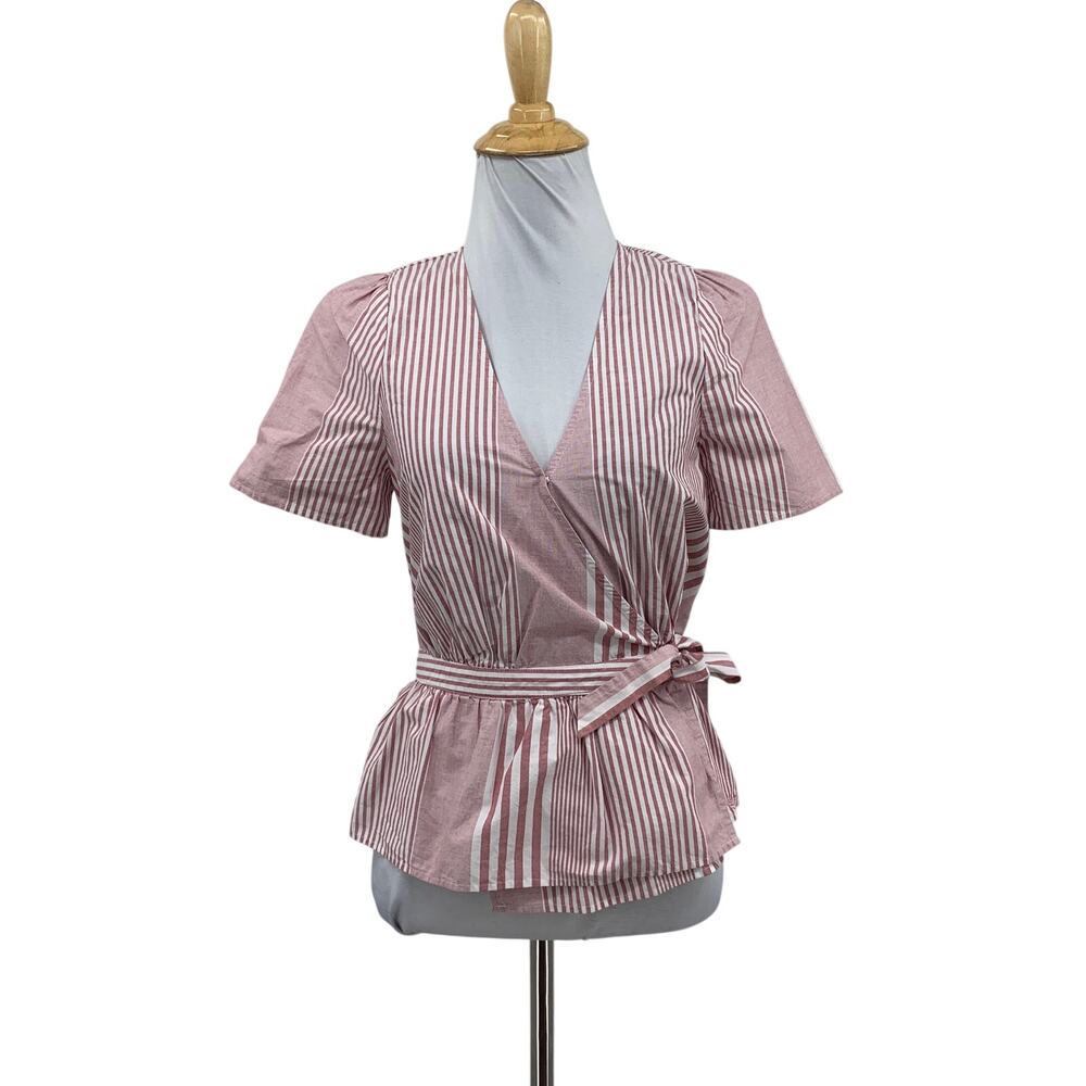 Madewell Top Womens XXS Mauve White V Neck Wrap Ruffle Hem Stripe Short Sleeve